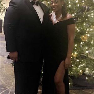 Black velvet off the shoulder long formal dress